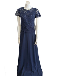 Navy blue short sleeve formal dress or mother of the bride dress with lace top and chiffon skirt.