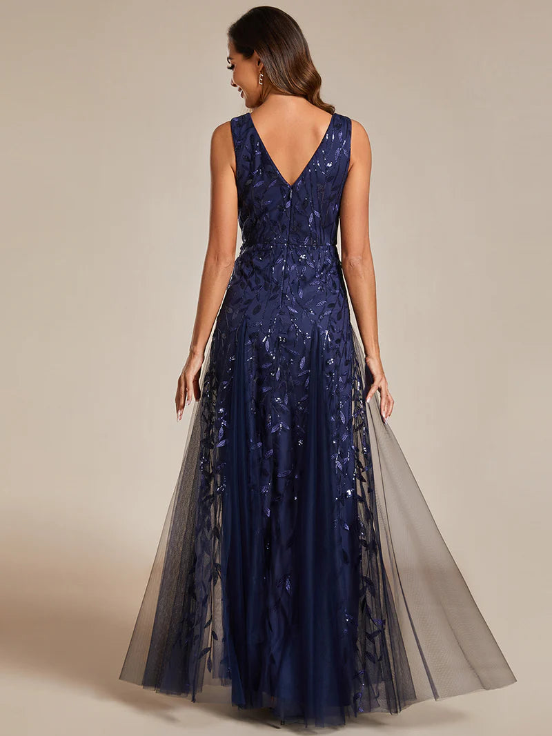 Navy Blue formal dress with tulle and lace.