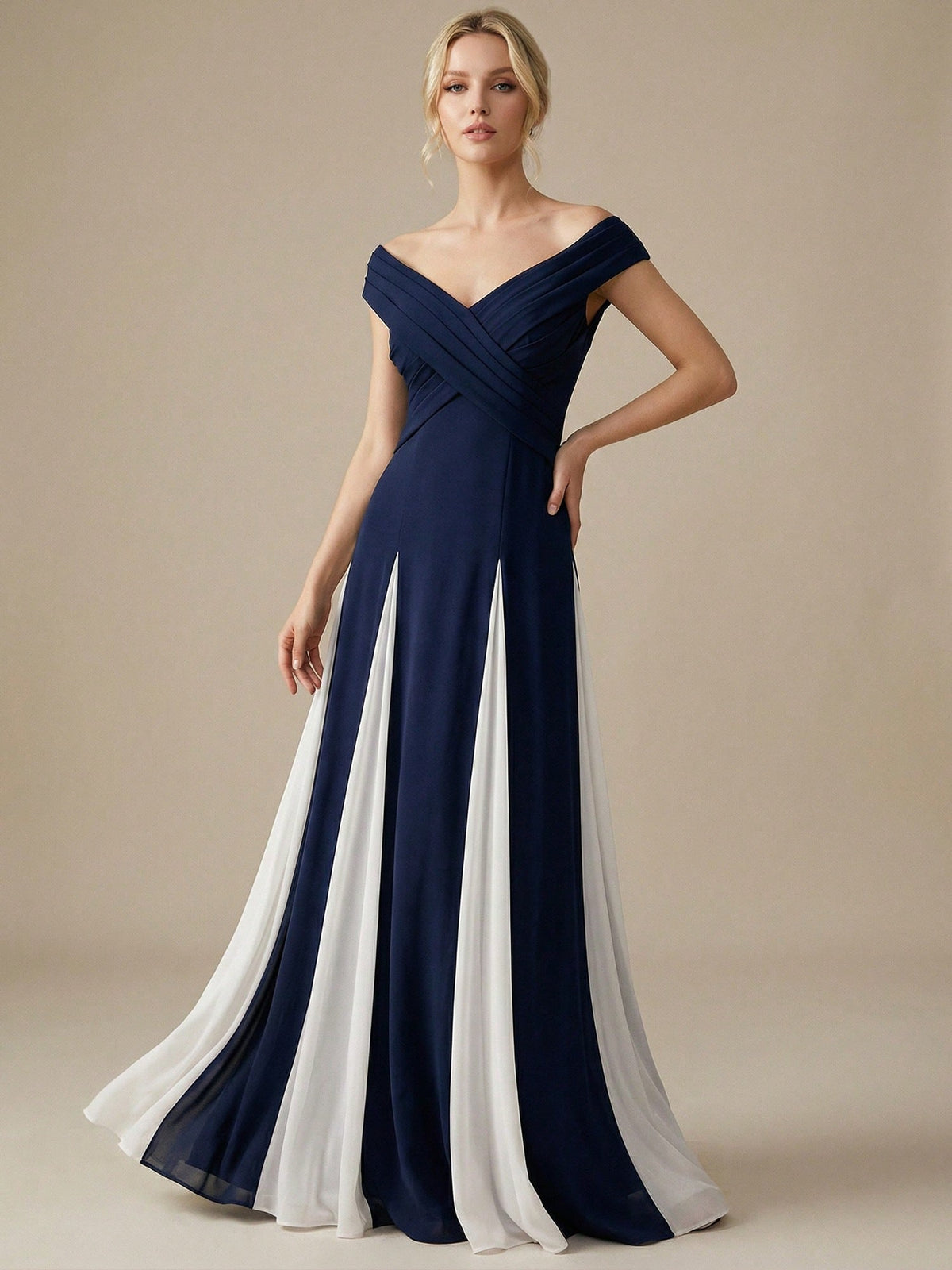 Navy Blue formal dress with v neck and chiffon panels.