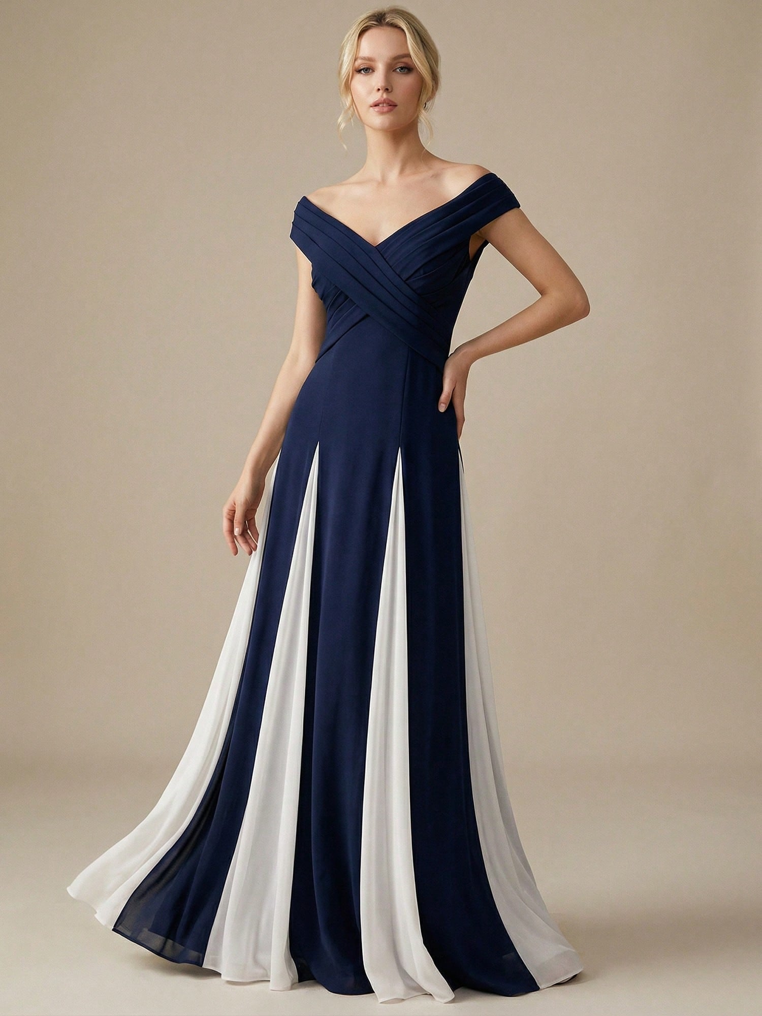 Navy Blue formal dress with v neck and chiffon panels.