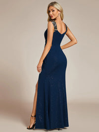 Navy blue formal dress with glitter and split front.