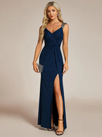 Navy blue formal dress with glitter and split front.