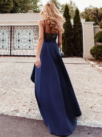Navy blue hi low sleeveless satin formal or mother of the bride dress with bodice detailing.