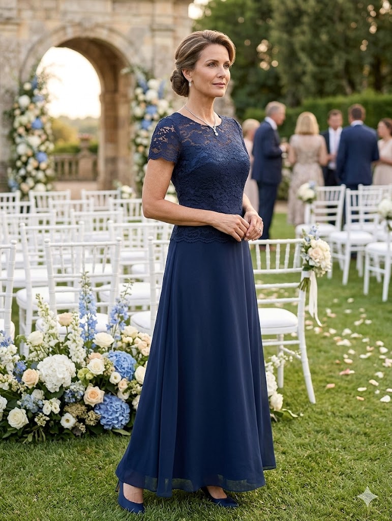 Navy blue lace and chiffon mother of the bride dress.
