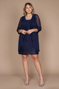 Navy blue Short length short sleeve Mother of the bride dress with pearl beading detail and chiffon jacket.
