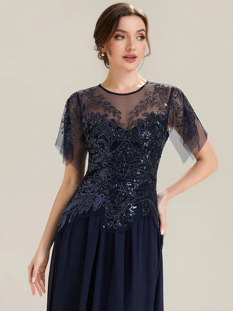 Navy blue round neck sequin short sleeve mother of the bride dress in chiffon.