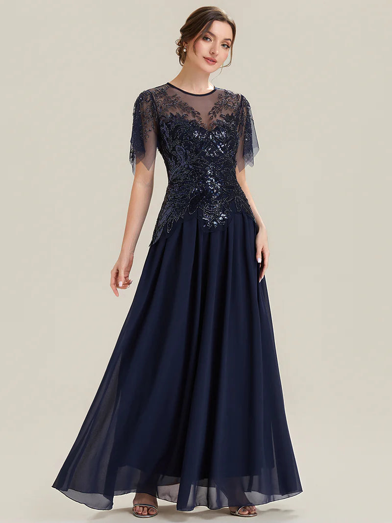 Navy blue round neck sequin short sleeve mother of the bride dress in chiffon.