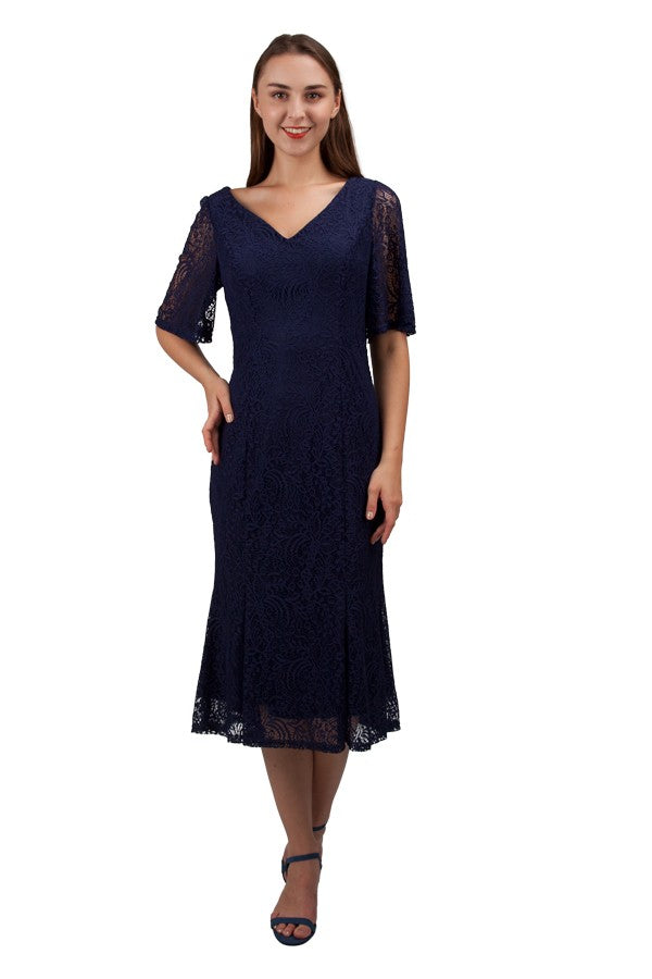 Navy blue mother of the bride short sleeve lace midi dress by Miss Anne available in plus size.