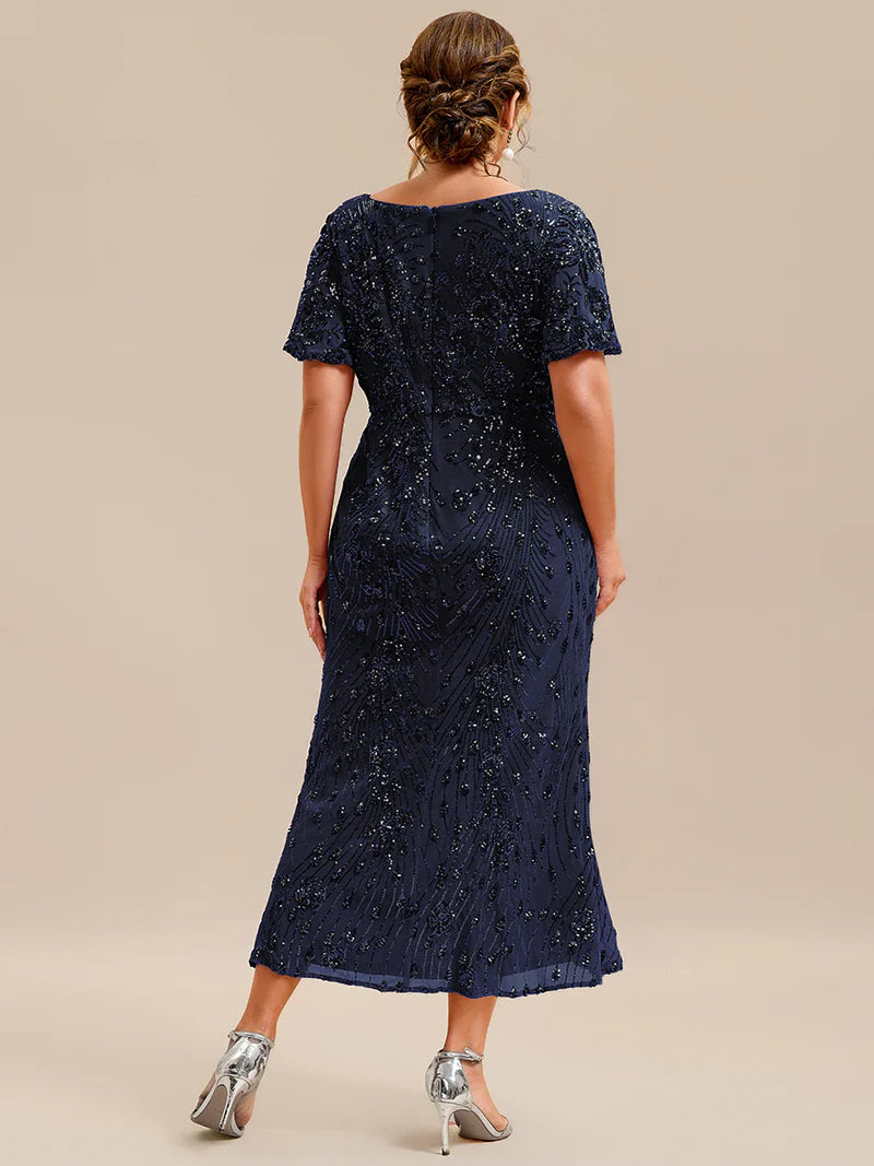 Navy blue mother of the bride plus size midi dress.