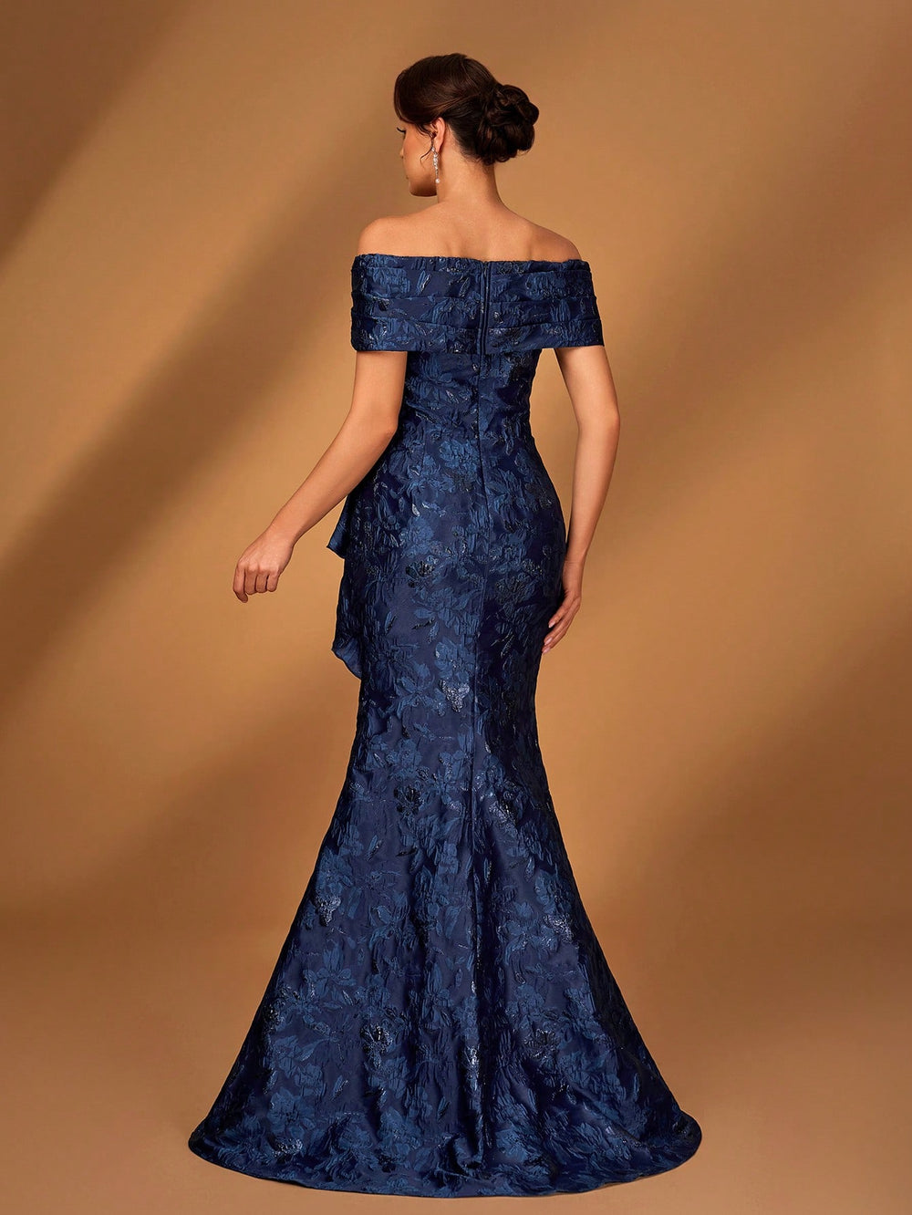 Navy Blue jacquard off shoulder mother of the bride dress.