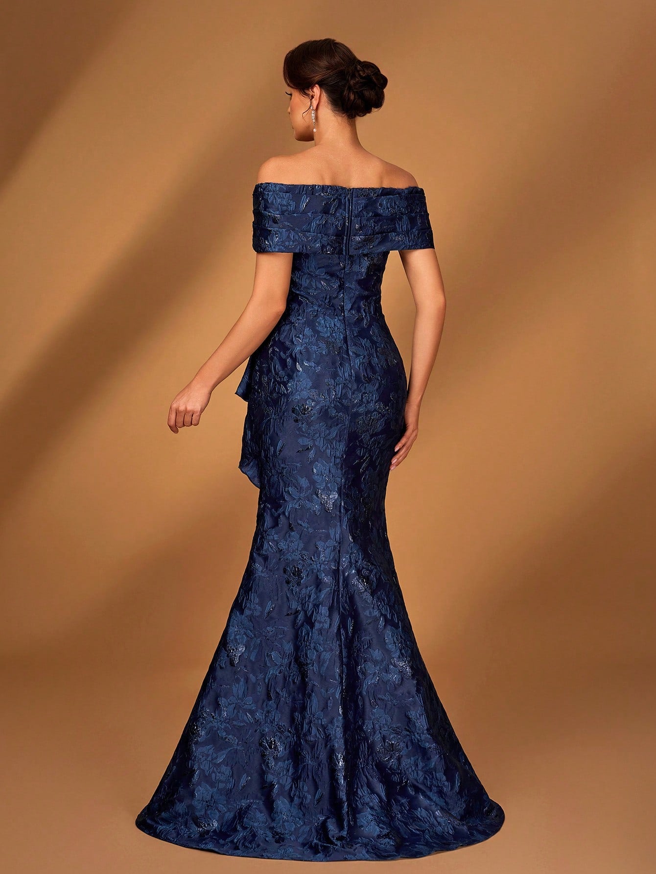 Navy Blue jacquard off shoulder mother of the bride dress.