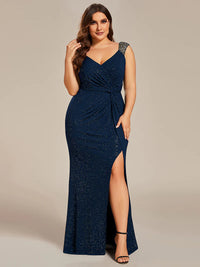 Navy blue plus sized formal dress with glitter and split front.