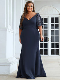 Navy blue Plus size formal, evening, mother of the bride dress with lace sleeves, v-neck and fishtail.