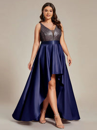 Navy blue plus size hi low sleeveless satin formal or mother of the bride dress with bodice detailing.