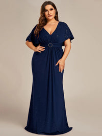 Navy blue plus size sparkly v-neck short sleeve, maxi  formal or mother of the bride dress with belt.