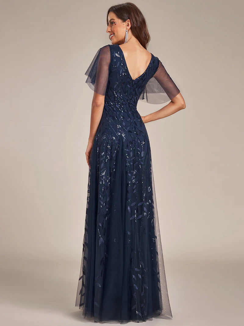 Navy Blue plus size mother of the bride dress with short sleeves and flowing tulle.