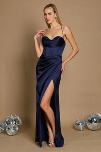 Navy blue satin formal dress with corset front and lace up back.
