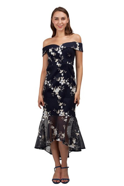 Navy floral plus size formal dress off shoulder style.