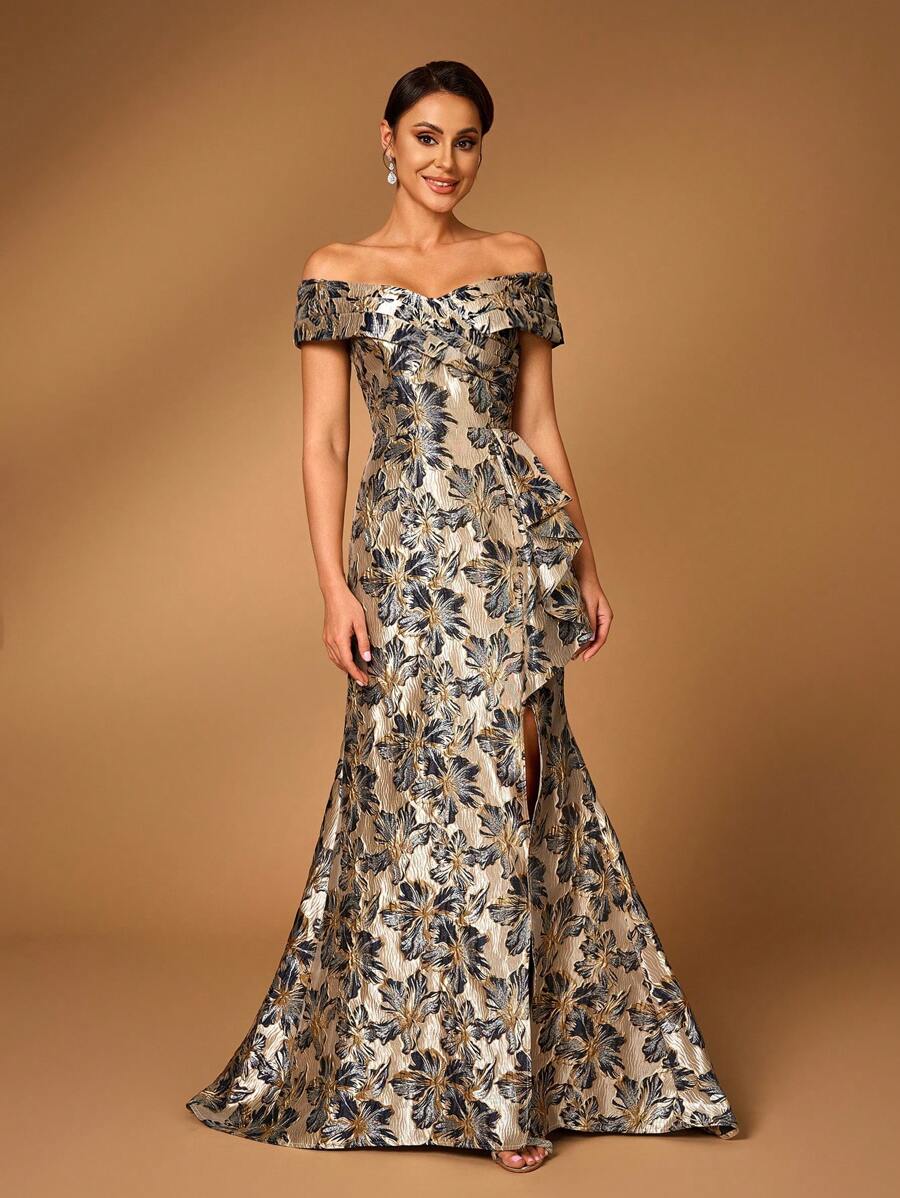 Navy gold formal dress off the shoulder style with a split.