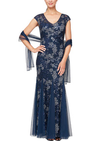 Navy Mother of the bride lace and tulle formal dress.