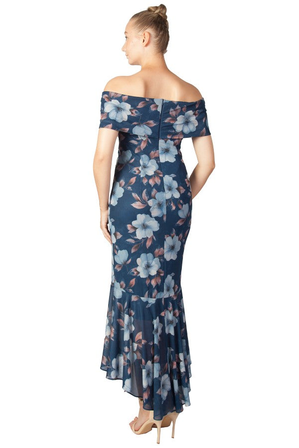 Navy floral mother of the bride dress, high low off shoulder style.