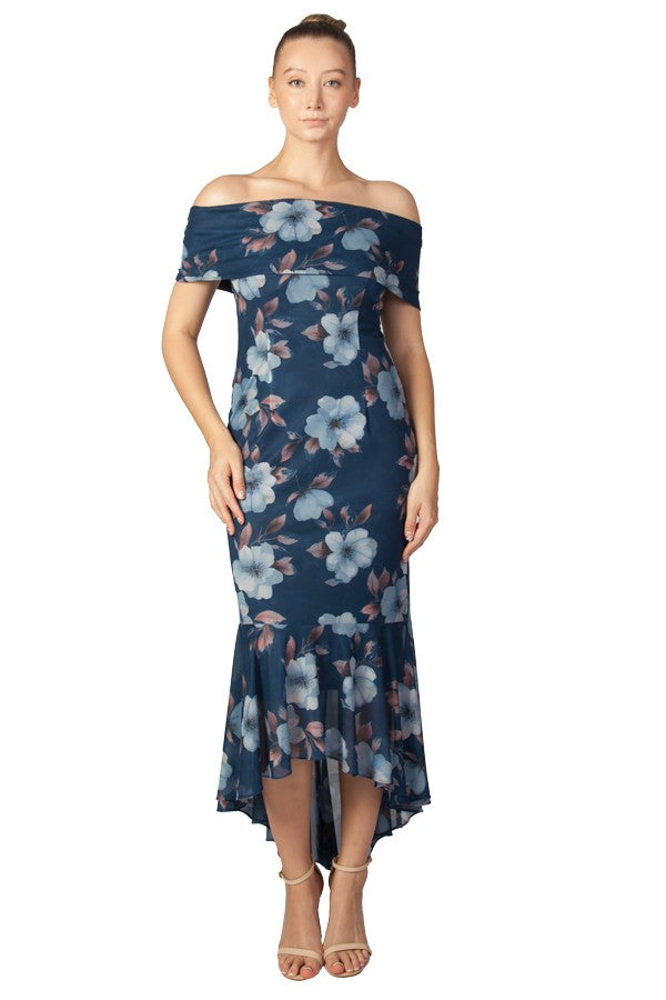 Navy floral mother of the bride dress, high low off shoulder style.