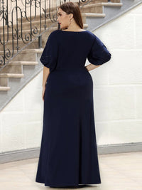 Navy plus size formal dress short sleeves chiffon with silver detail.