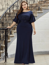 Navy plus size formal dress short sleeves chiffon with silver detail.