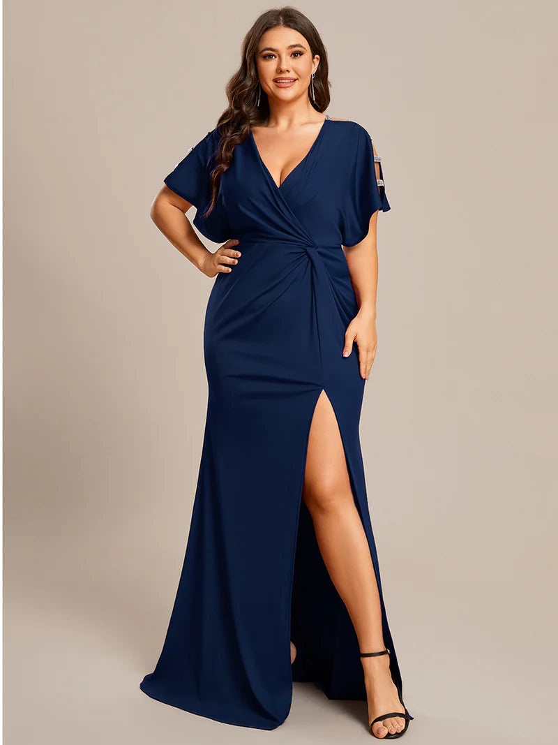 Navy Blue plus size formal dress with sparkle sleeve.