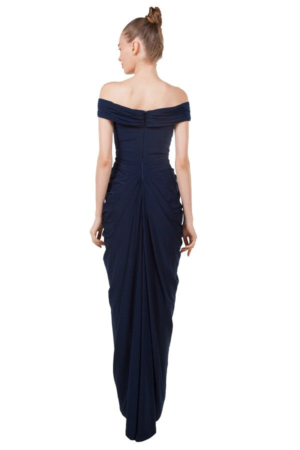 Navy plus size formal dress with drape front and off shoulder style.