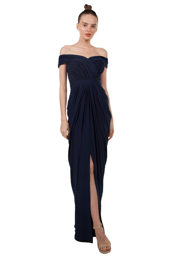 Navy plus size formal dress with drape front and off shoulder style.