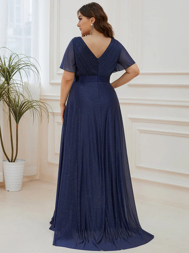 Navy Blue shimmer plus size formal dress with satin band.
