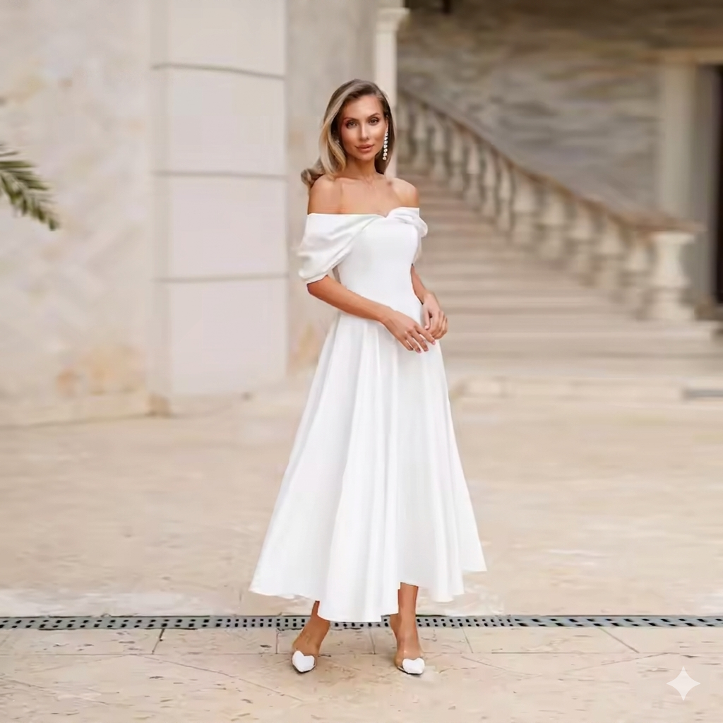 Off shoulder tea length wedding dress.