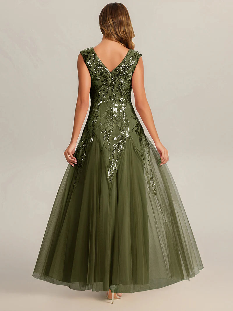 Olive Green sequin and tulle mother of the bride dress with short sleeve.