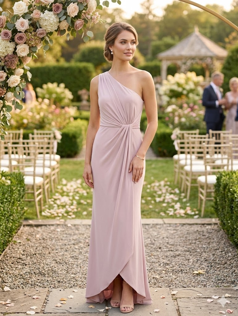 Dusty pink one shoulder formal dress with ruched waist and front split.