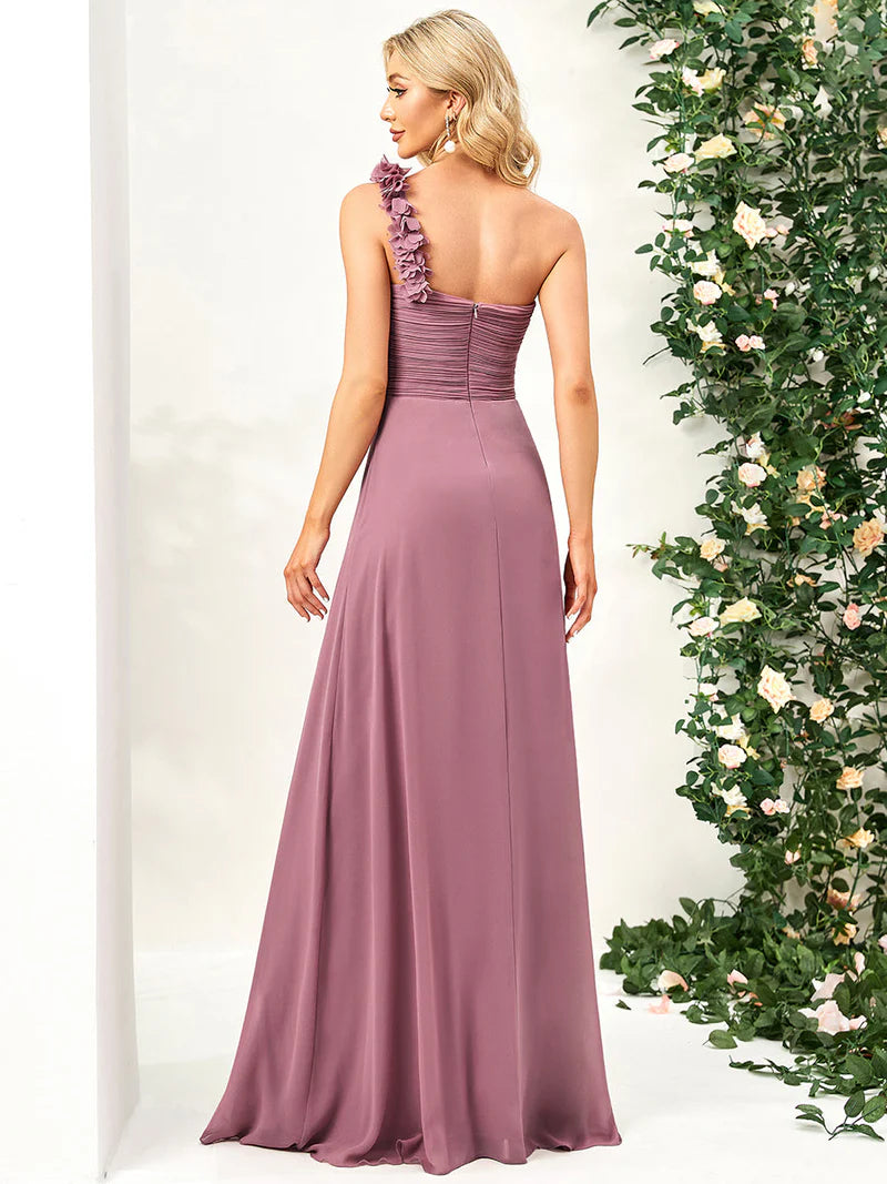 Orchid pink One shoulder ruched top with chiffon skirt bridesmaid dress.