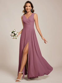 Orchid pink bridesmaid dress, sleeveless A-line chiffon dress with split.