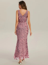 Orchid pink formal dress with deep v neck and a split.