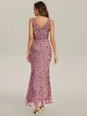 Orchid pink formal dress with sequins and split.