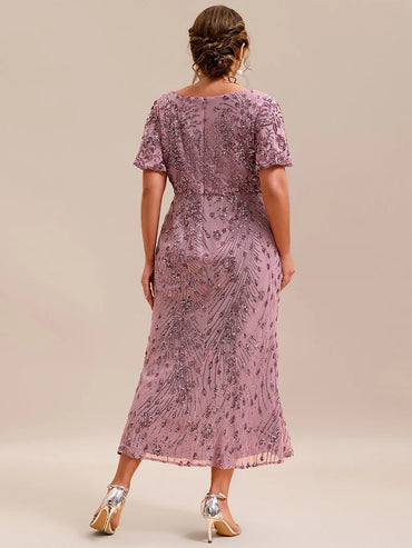 Orchid pink elegant mother of the bride plus size midi dress.