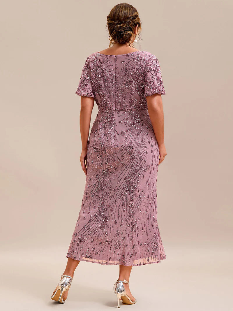 Orchid pink elegant mother of the bride plus size midi dress.