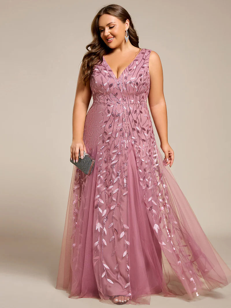 Orchid Pink plus size formal dress with tulle and lace.