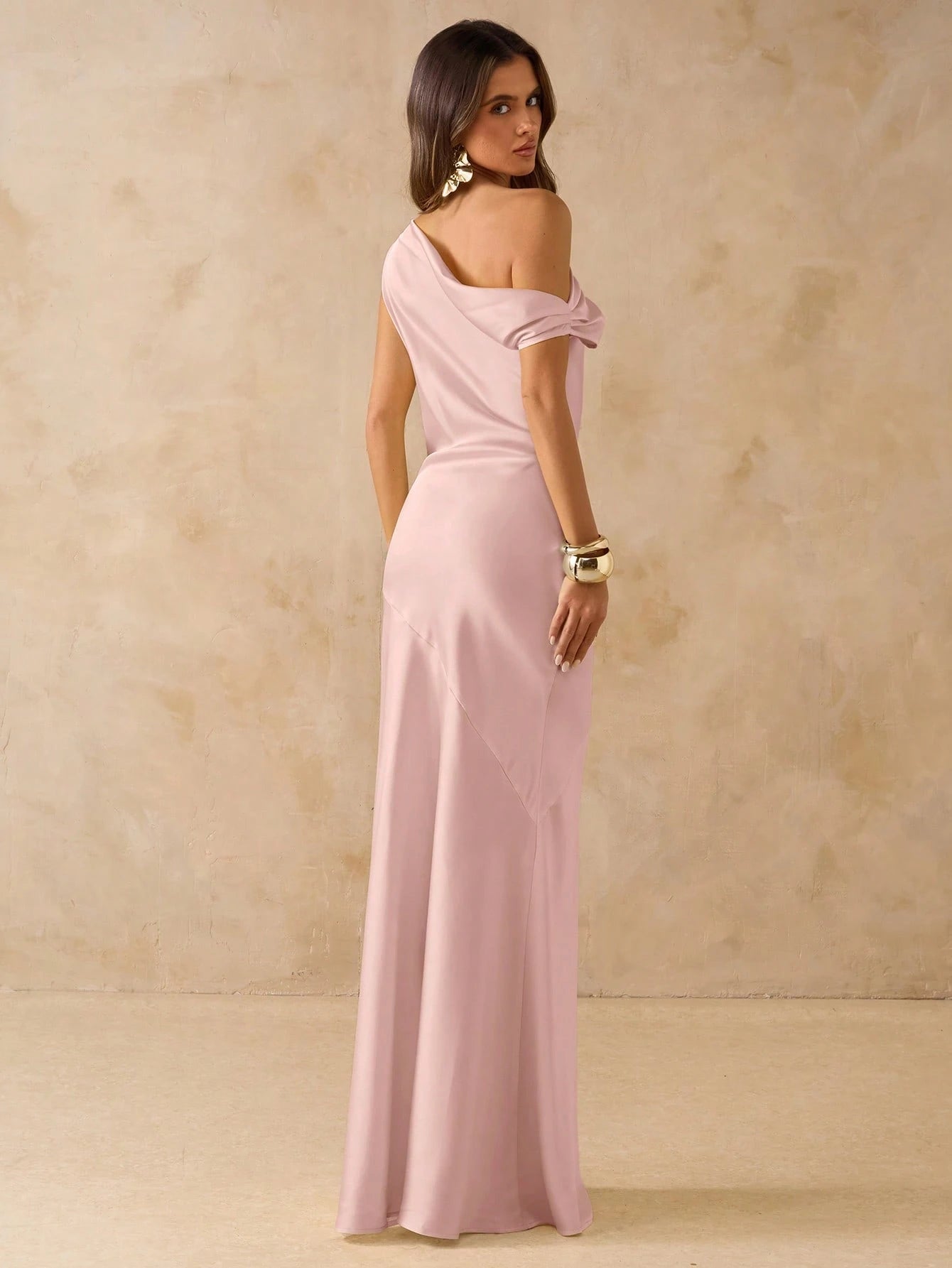 Pink bridesmaid dress or formal dress asymmetrical off the shoulder satin sheath dress.