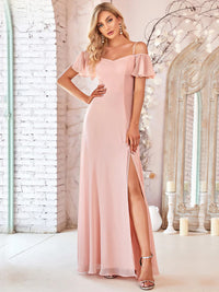 Pink bridesmaid dress, off shoulder chiffon.