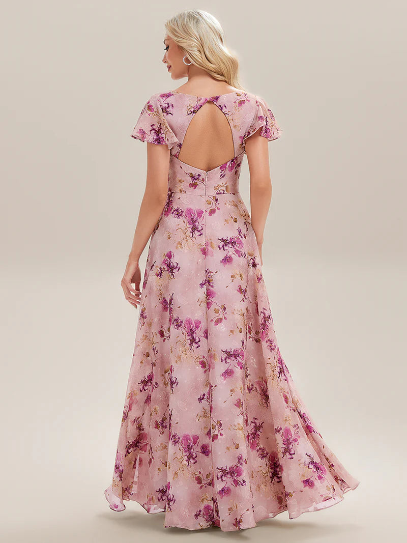 Pink floral chiffon dress for mother of the bride .