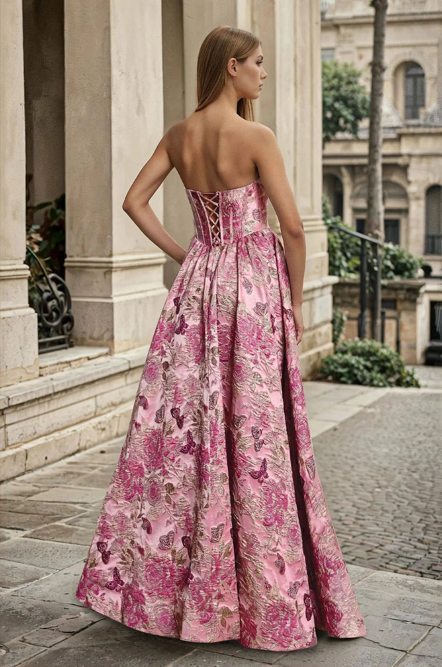 Pink floral formal dress, strapless with lace up back.