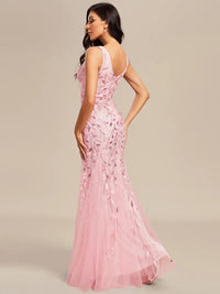 Pink formal dress with fishtail and sequins.