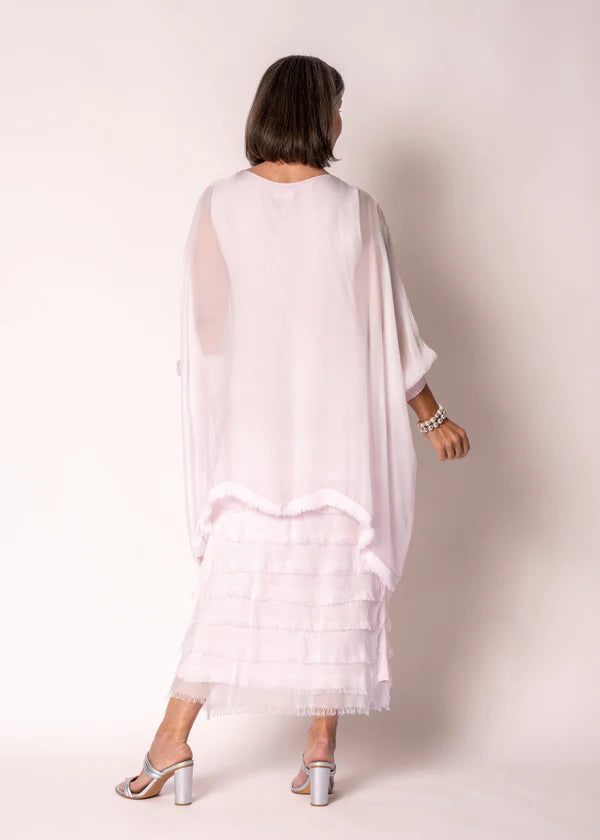 Pink Italian Silk mother of the bride dress with sleeve and frayed skirt.