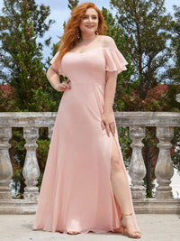 Pink plus sized bridesmaid dress, off shoulder chiffon.