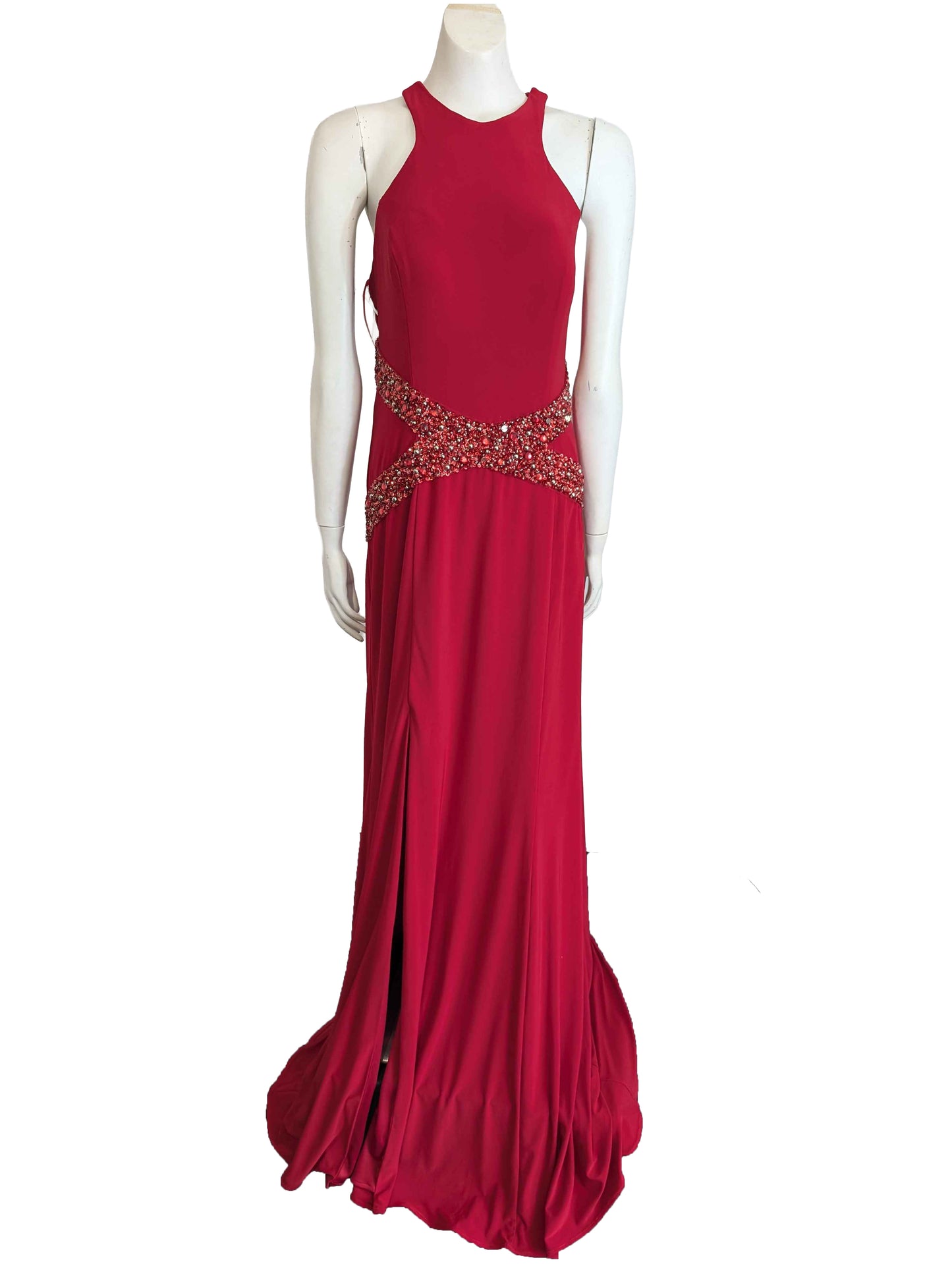 Red beaded formal dress with front split and open back.